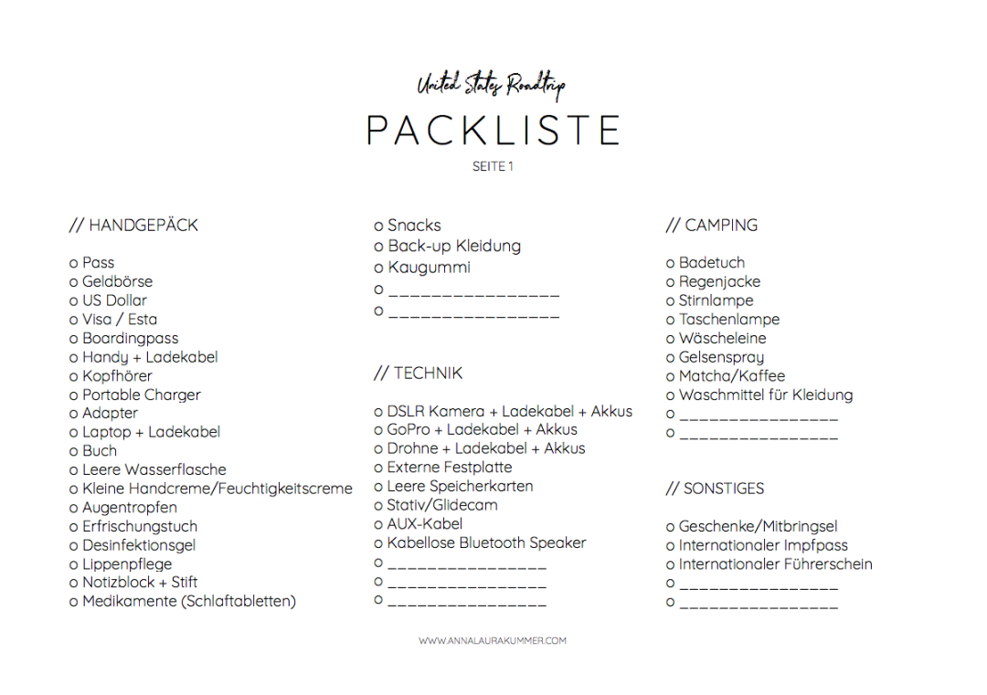 USA REISE: Gratis Packliste Zum Download - Anna-Laura Amenta